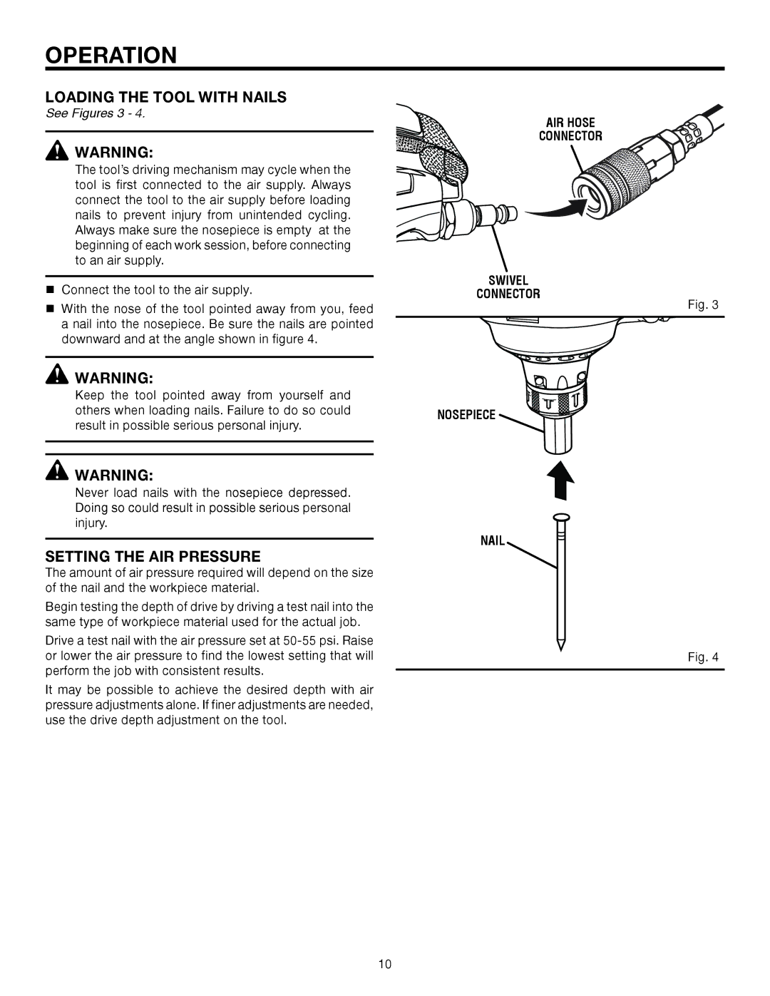 RIDGID R350PNA manual Loading the tool with Nails, Setting the AIR pressure, See Figures 3 