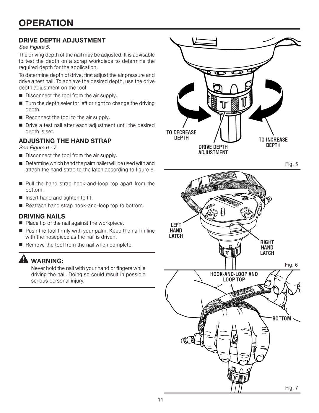 RIDGID R350PNA manual DrivE depth Adjustment, Adjusting the hand strap, Driving Nails, See 