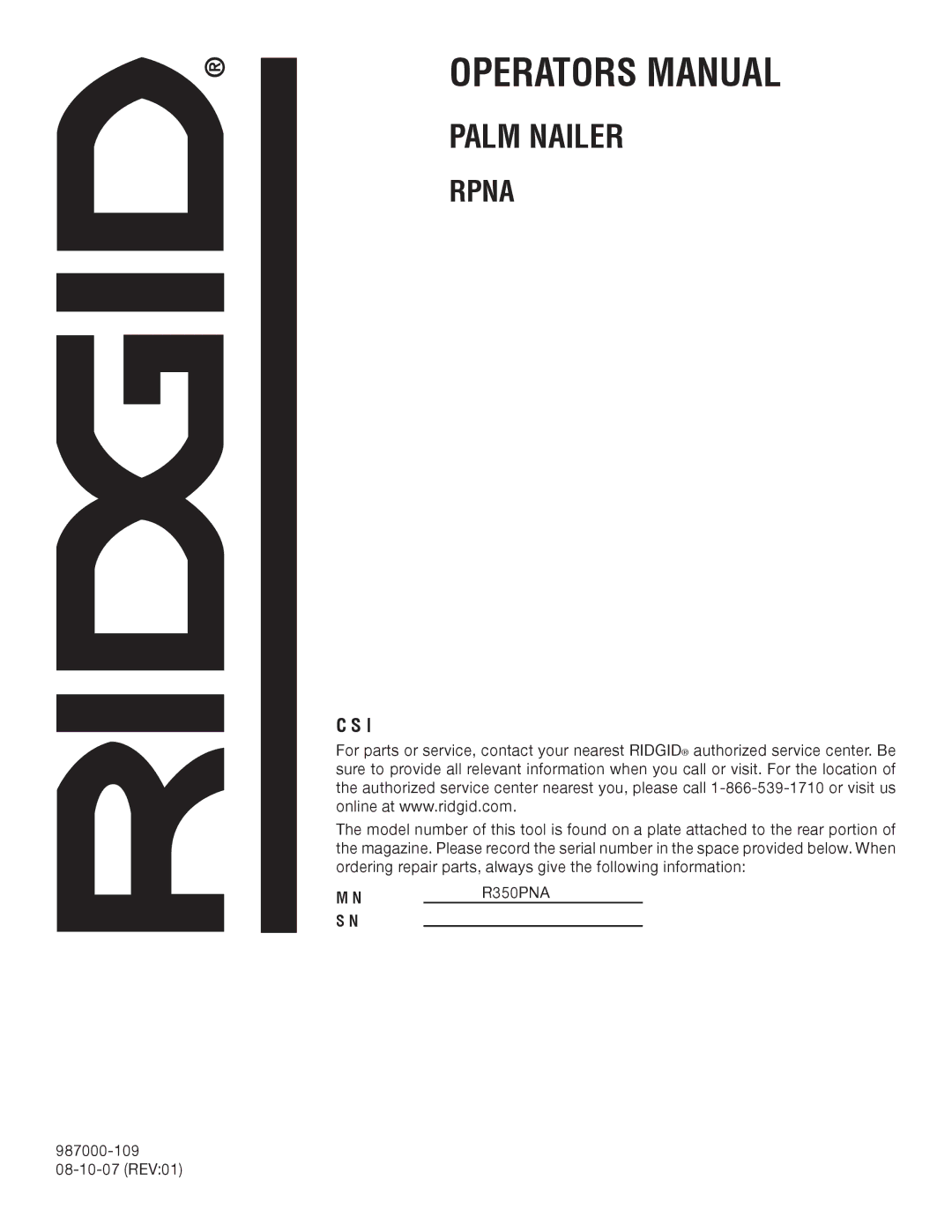 RIDGID R350PNA manual Customer Service Information 