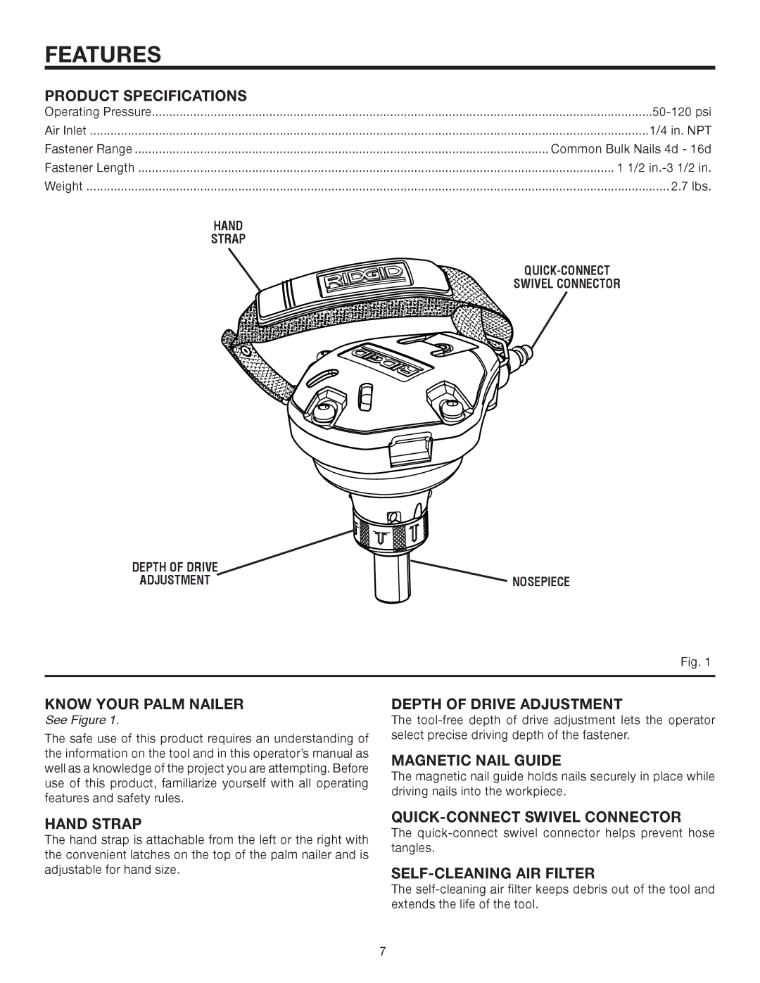 RIDGID R350PNA manual Features, Product Specifications, Hand Strap 