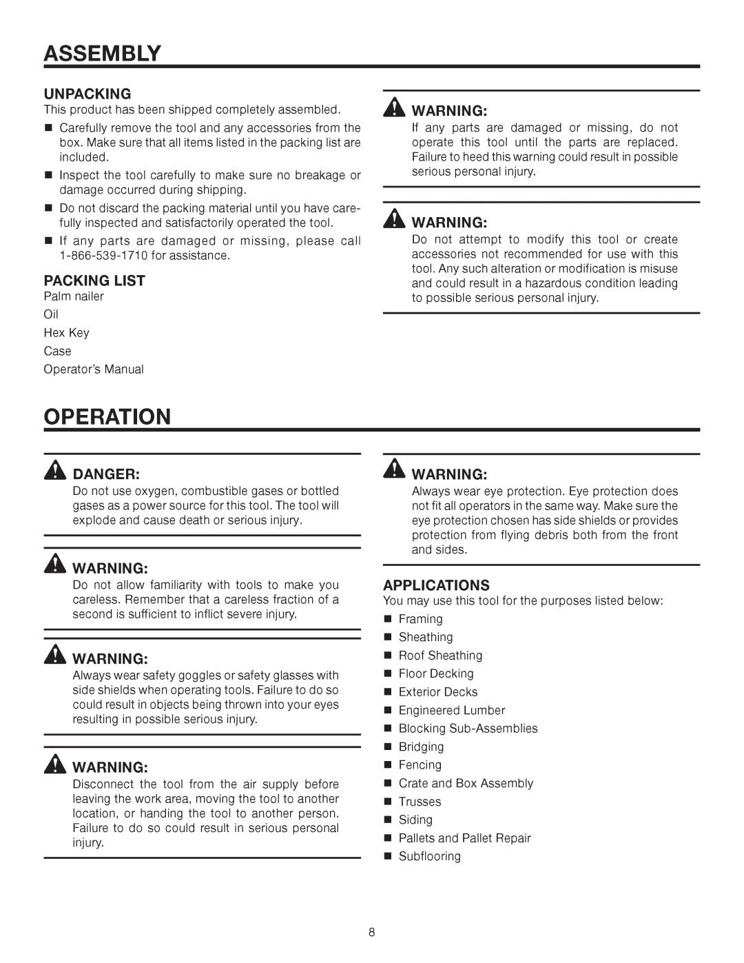 RIDGID R350PNA manual Assembly, Operation, Unpacking, Packing List, Applications 