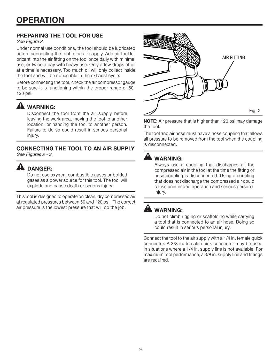 RIDGID R350PNA manual Preparing the tool for use, Connecting the Tool to AN AIR Supply, See Figures 2 