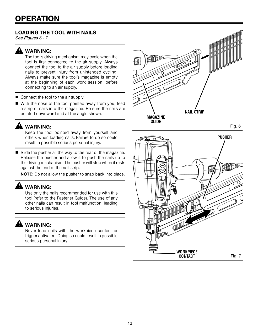 RIDGID R350RHA manual Loading the Tool with Nails, See Figures 6 