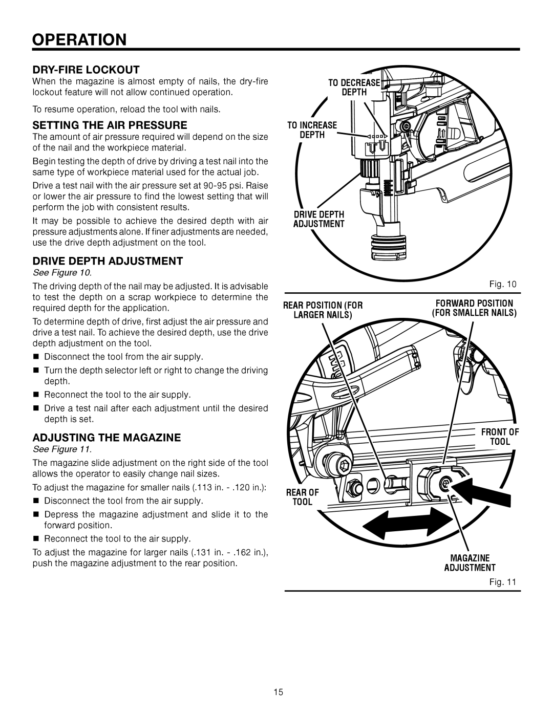 RIDGID R350RHA manual Setting the AIR Pressure, Drive Depth Adjustment, Adjusting the Magazine 