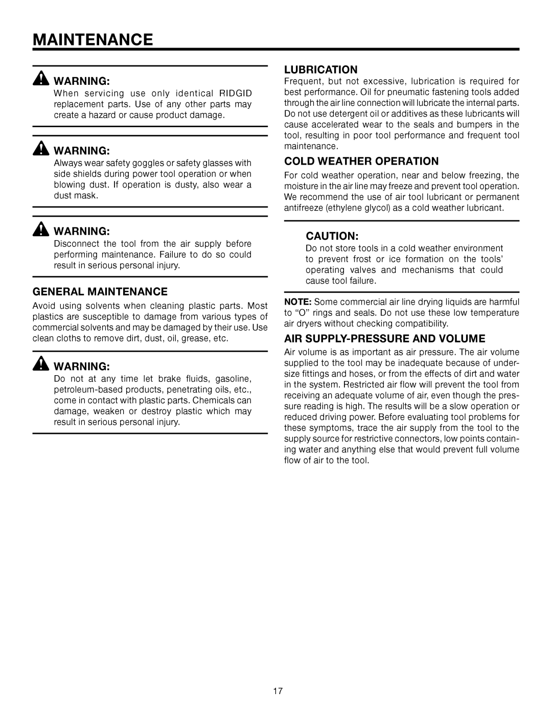 RIDGID R350RHA manual General Maintenance, Lubrication, Cold Weather Operation, AIR SUPPLY-PRESSURE and Volume 