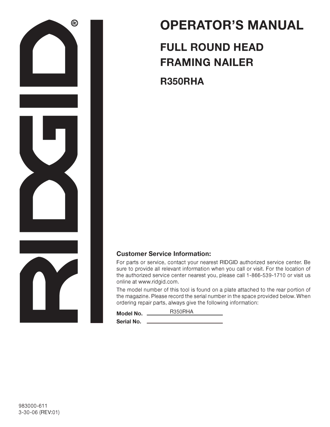 RIDGID R350RHA manual Customer Service Information 