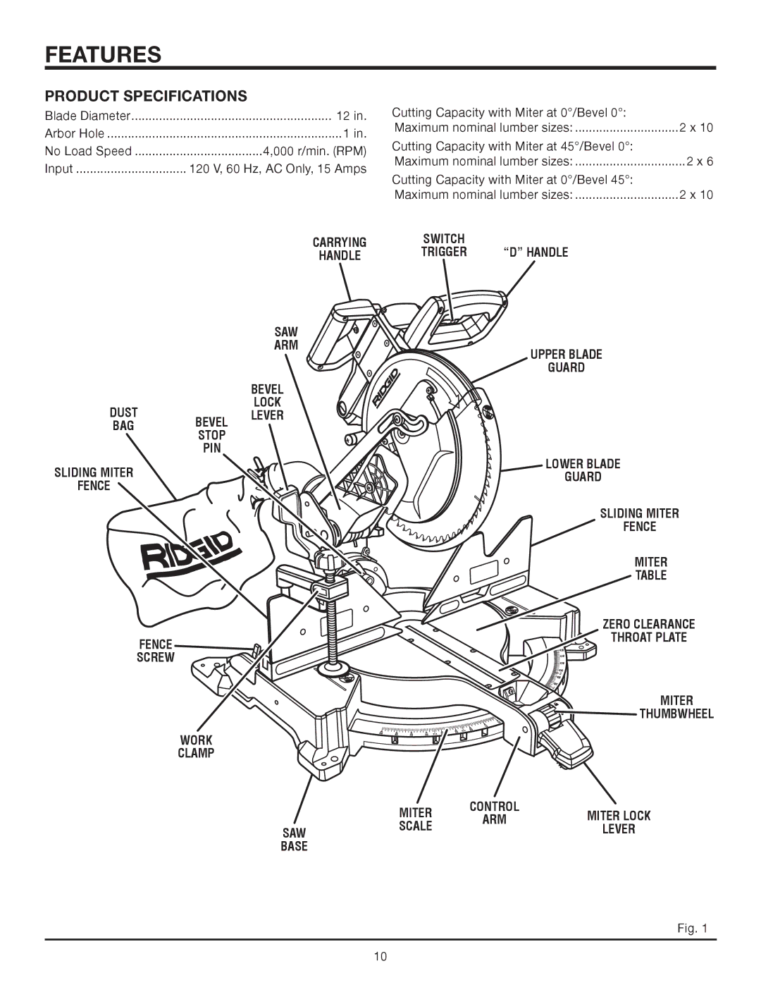 RIDGID R4121 manual Features, Product Specifications, Miter, Scale 