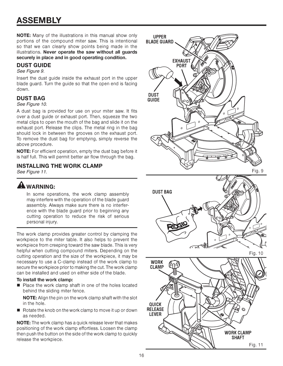 RIDGID R4121 manual Dust Guide, Dust BAG, Installing the Work Clamp, To install the work clamp 