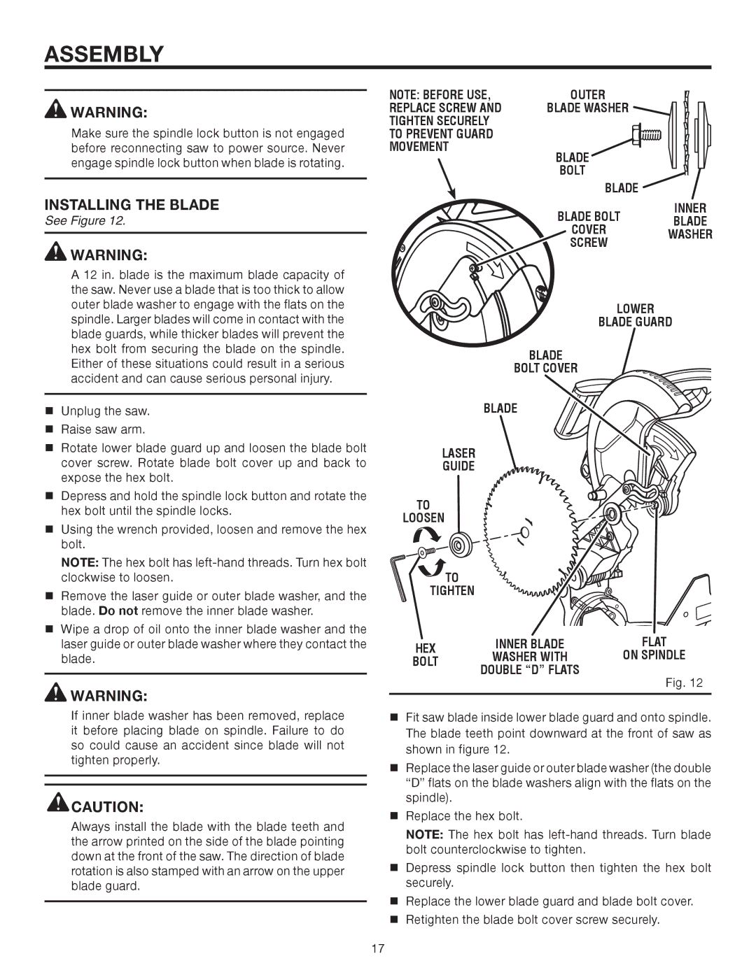 RIDGID R4121 manual Installing the Blade, Tighten Securely To Prevent Guard Movement, Blade Laser Guide Loosen Tighten 