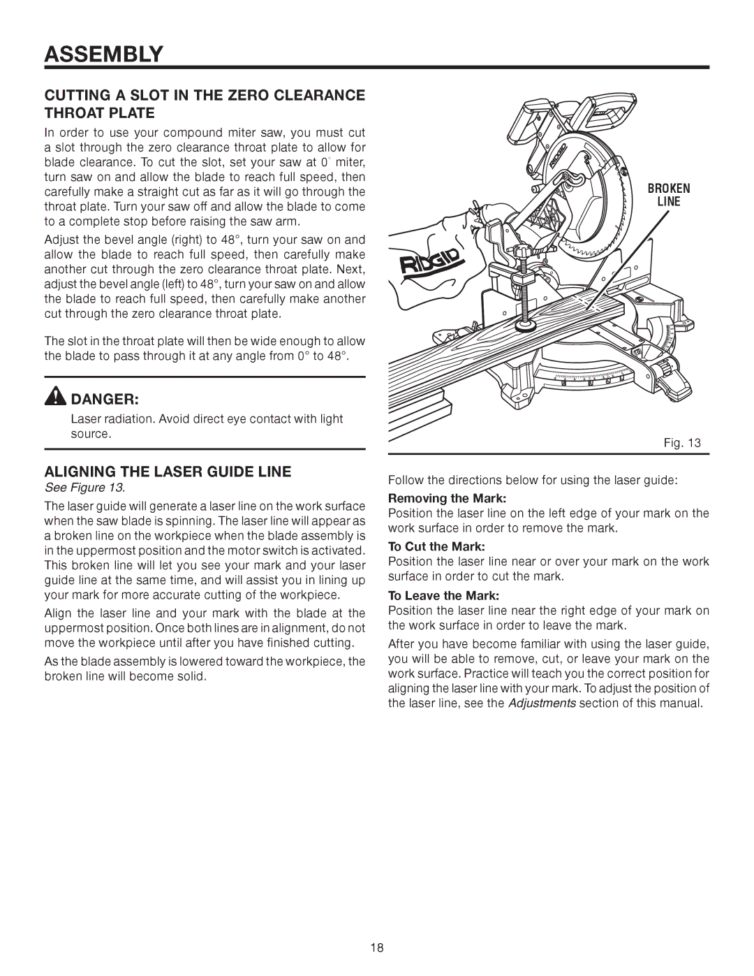 RIDGID R4121 manual Cutting a Slot in the Zero Clearance Throat Plate, Aligning the Laser Guide Line, Broken Line 