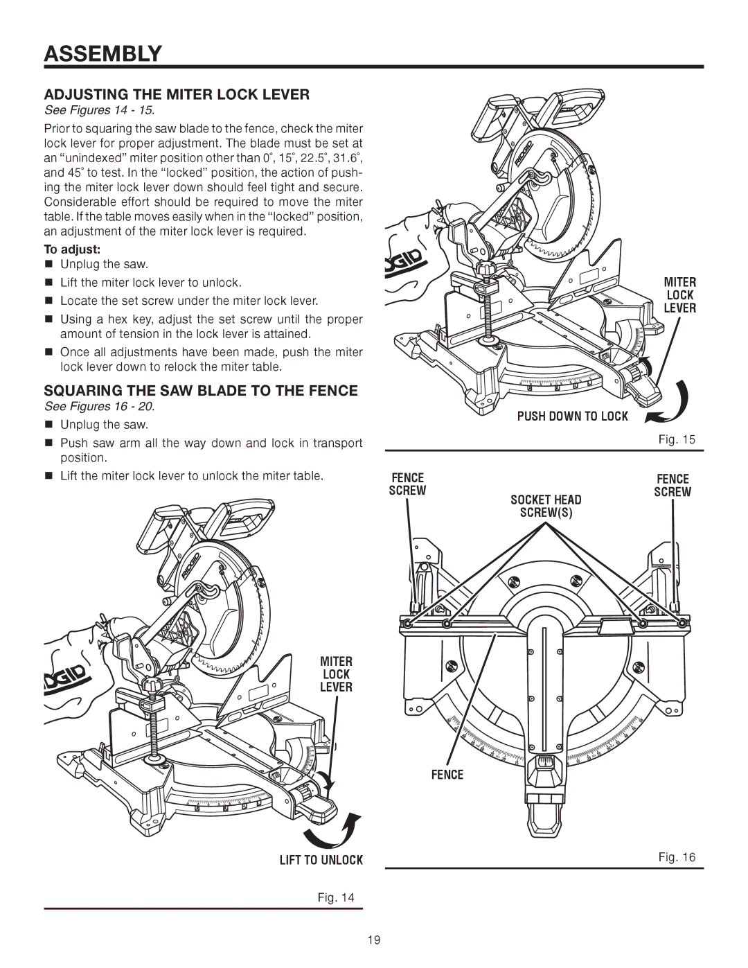 RIDGID R4121 manual Adjusting the Miter Lock Lever, Squaring the SAW Blade to the Fence, To adjust 