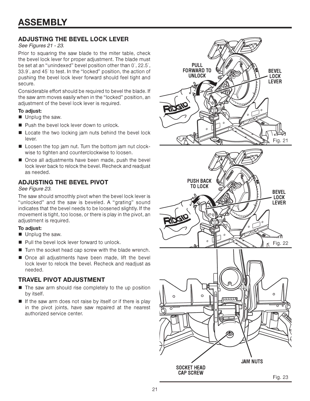 RIDGID R4121 Adjusting the Bevel Lock Lever, Adjusting the Bevel Pivot, Travel Pivot Adjustment, Push Back To Lock Bevel 