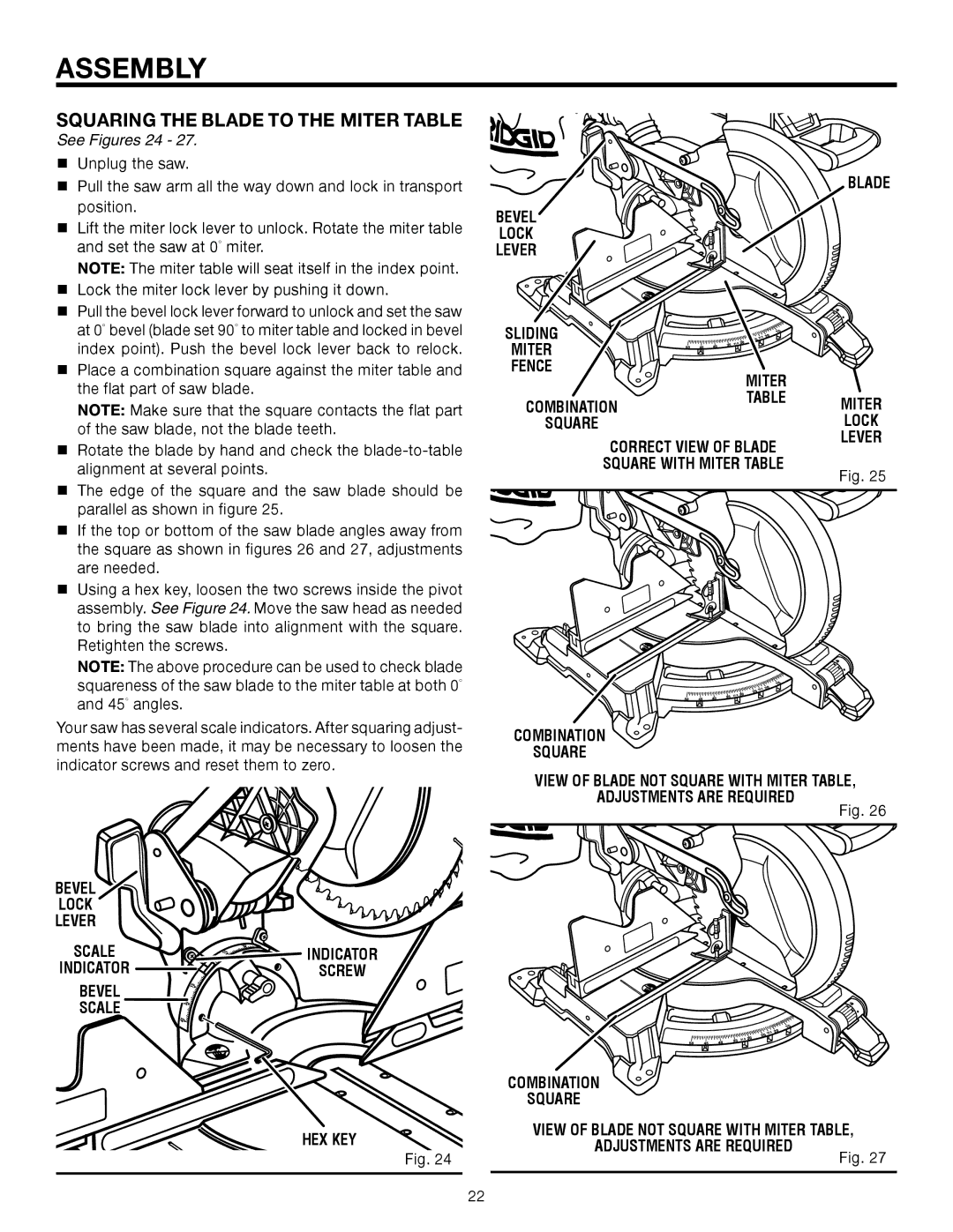 RIDGID R4121 manual Squaring the Blade to the Miter Table, See Figures 24, Blade Bevel Lock Lever, Correct View of Blade 