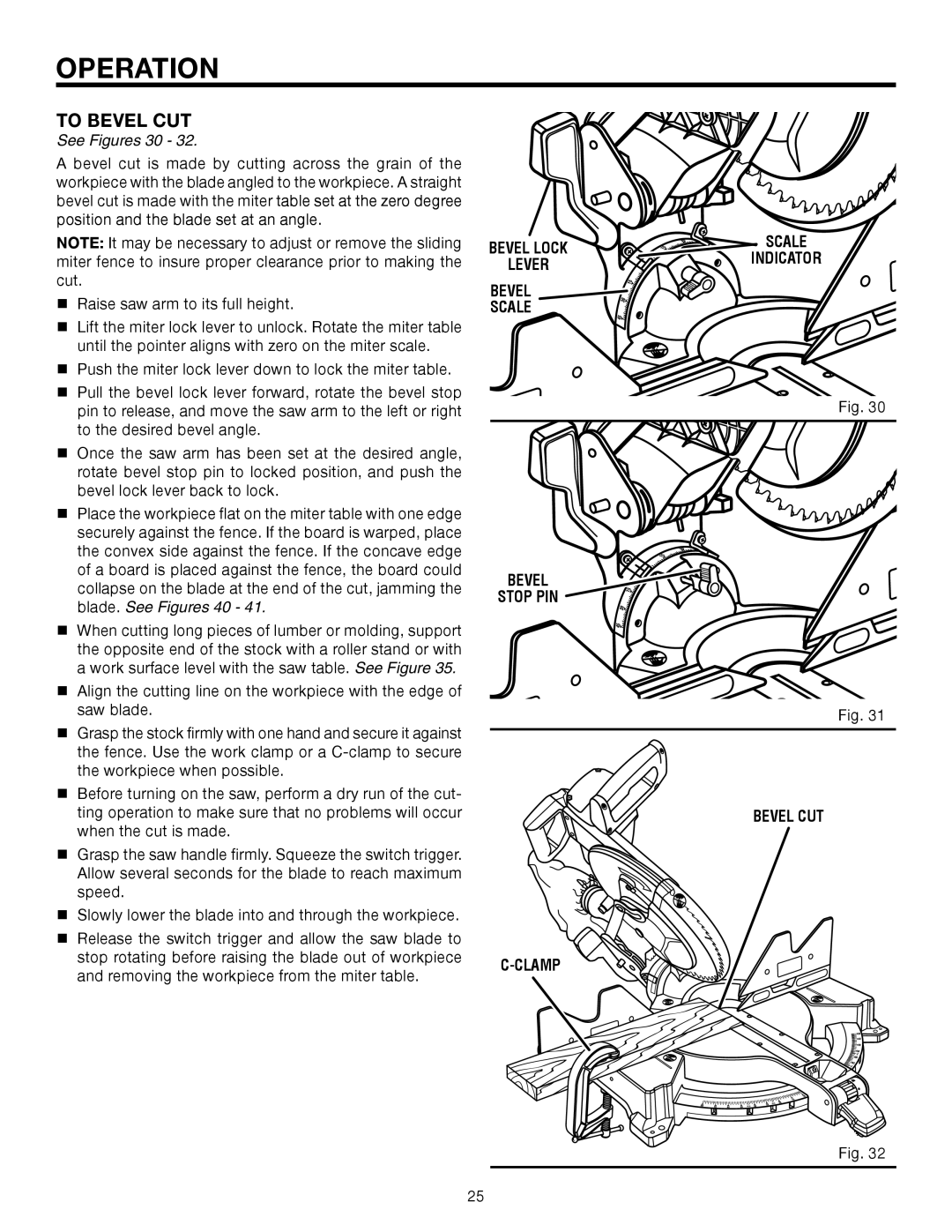 RIDGID R4121 manual To Bevel CUT, See Figures 30, Bevel Lock, Bevel Scale Stop PIN Bevel CUT Clamp 