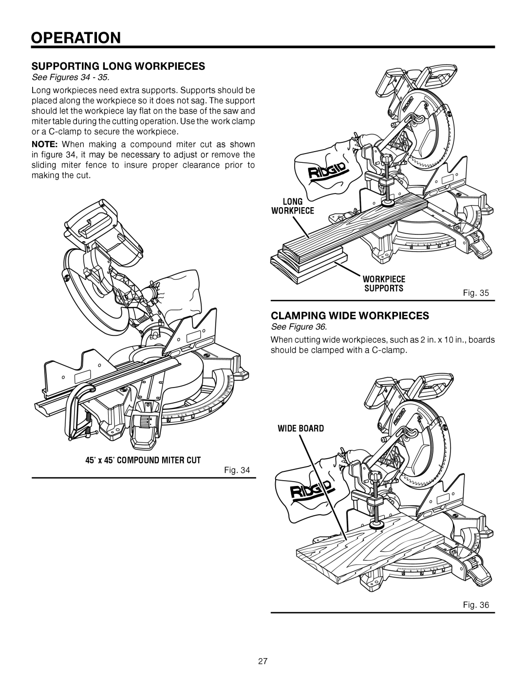 RIDGID R4121 manual Supporting Long Workpieces, Clamping Wide Workpieces, 45 x 45 Compound Miter CUT, Wide Board 