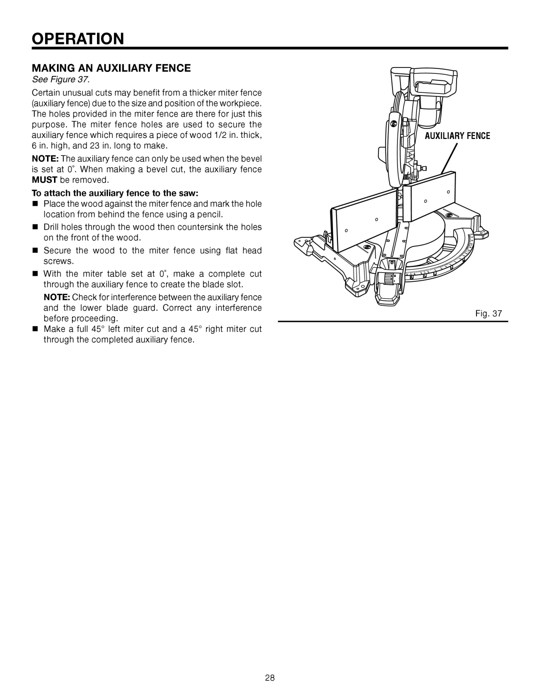 RIDGID R4121 manual Making AN Auxiliary Fence, To attach the auxiliary fence to the saw 