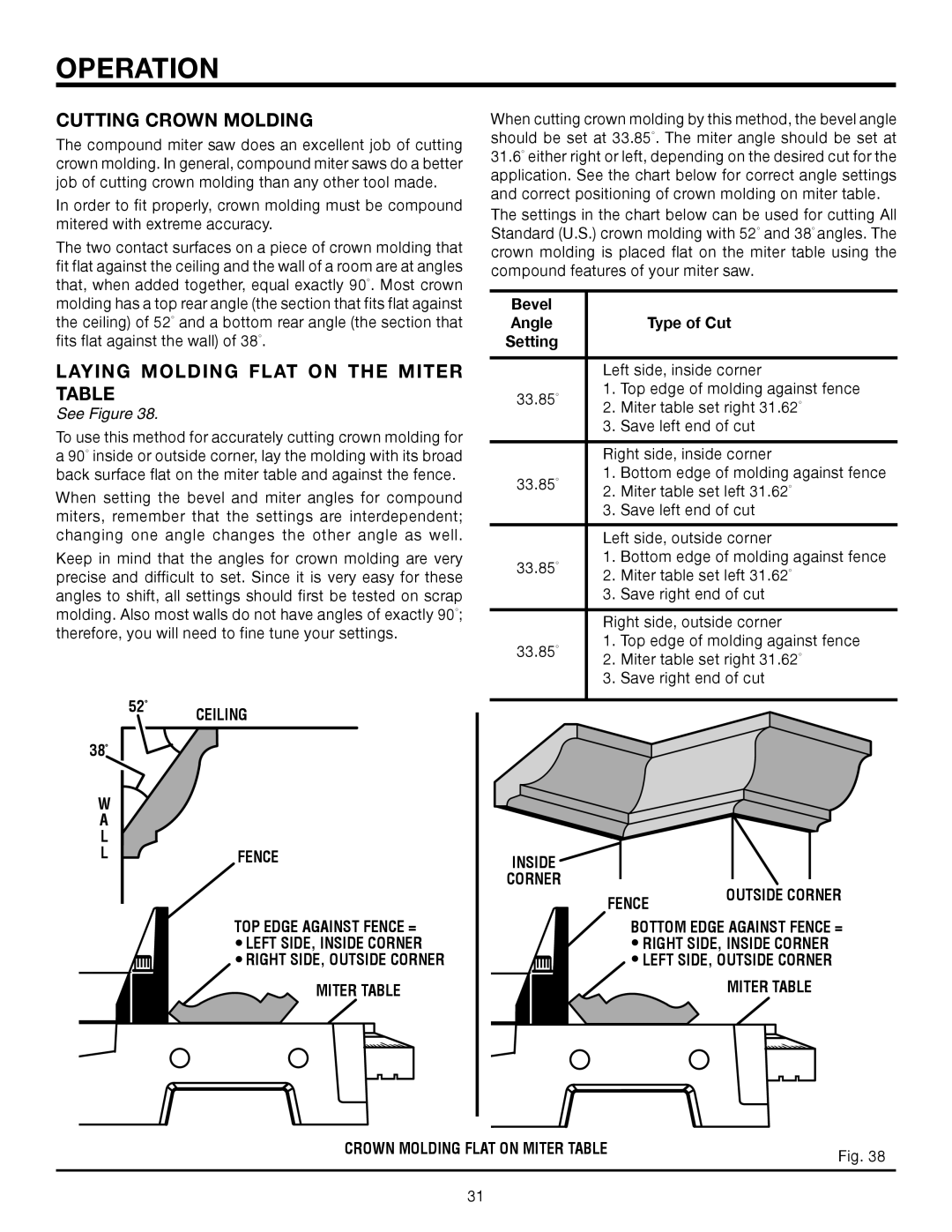 RIDGID R4121 manual Laying Molding Flat on the Miter Table, Ceiling, Inside Corner Fence 