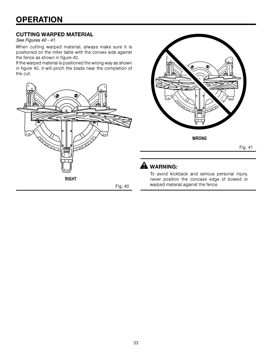 RIDGID R4121 manual Cutting Warped Material, See Figures 40, Wrong, Right 