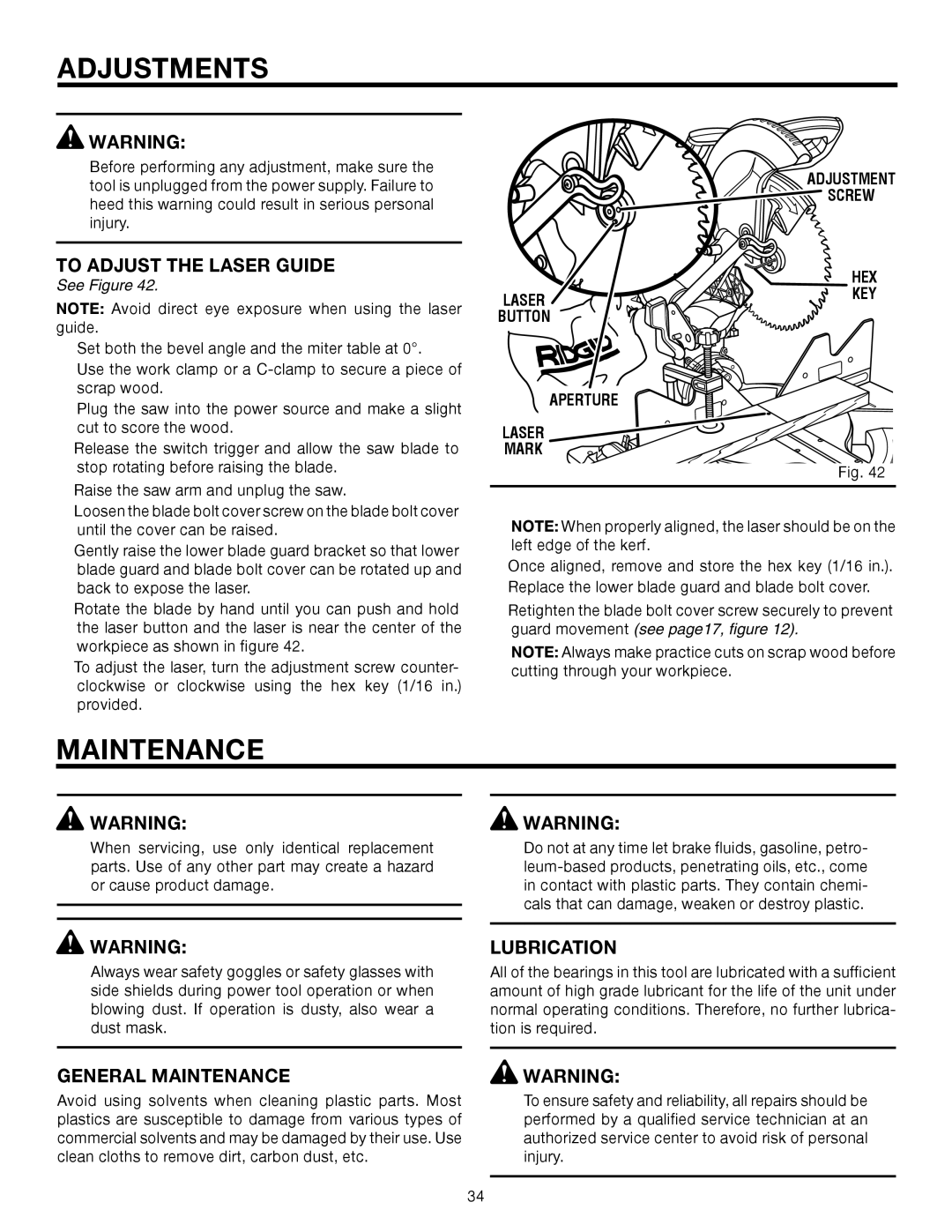 RIDGID R4121 manual Adjustments, To Adjust the Laser Guide, Lubrication, General Maintenance 