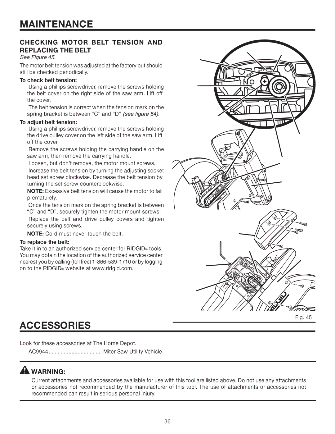 RIDGID R4121 manual Accessories, Checking Motor Belt Tension and Replacing the Belt 