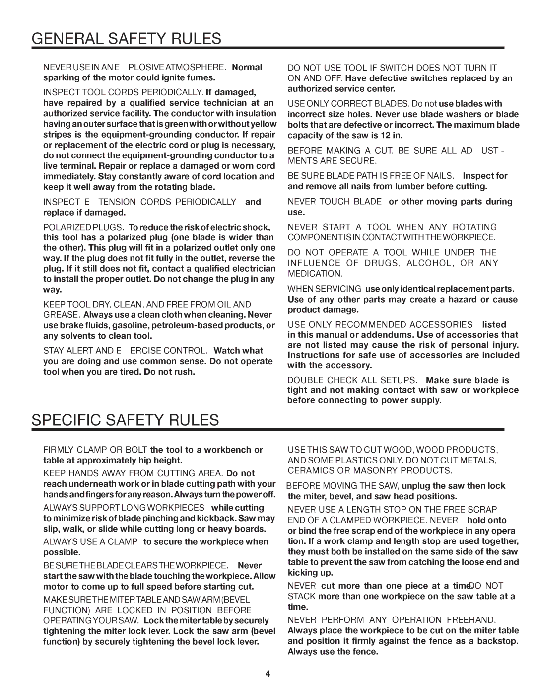 RIDGID R4121 manual Specific Safety Rules,  Before Making a CUT, be Sure ALL ADJUST- Ments are Secure 