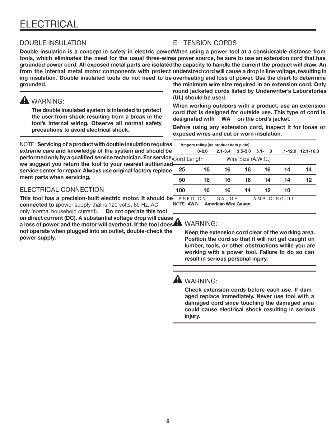 RIDGID R4121 manual Double Insulation, Electrical Connection, Extension Cords, Cord Length Wire Size A.W.G 