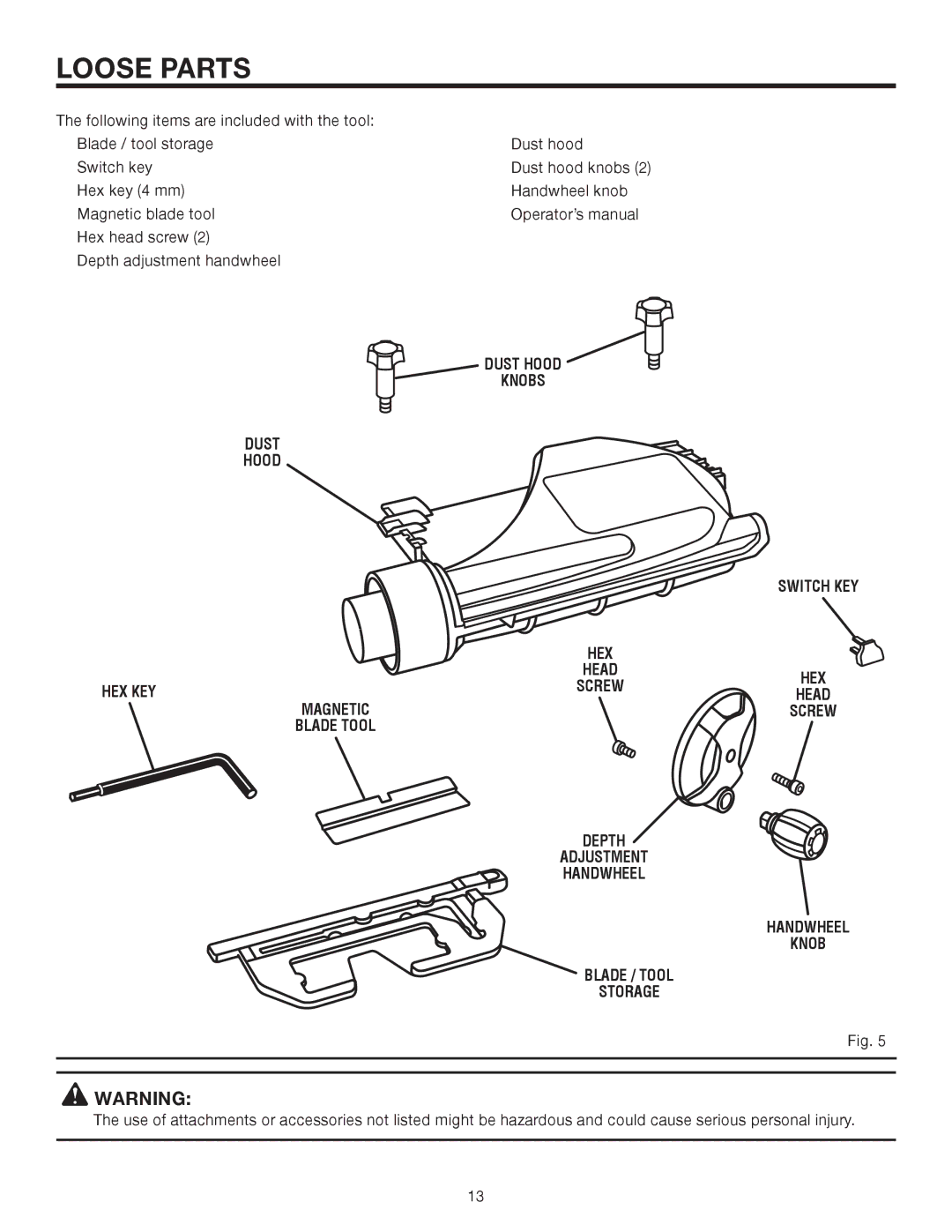 RIDGID R4330 manual Loose Parts, Hood Hex key Magnetic Blade tool, Dust Hood knobs 