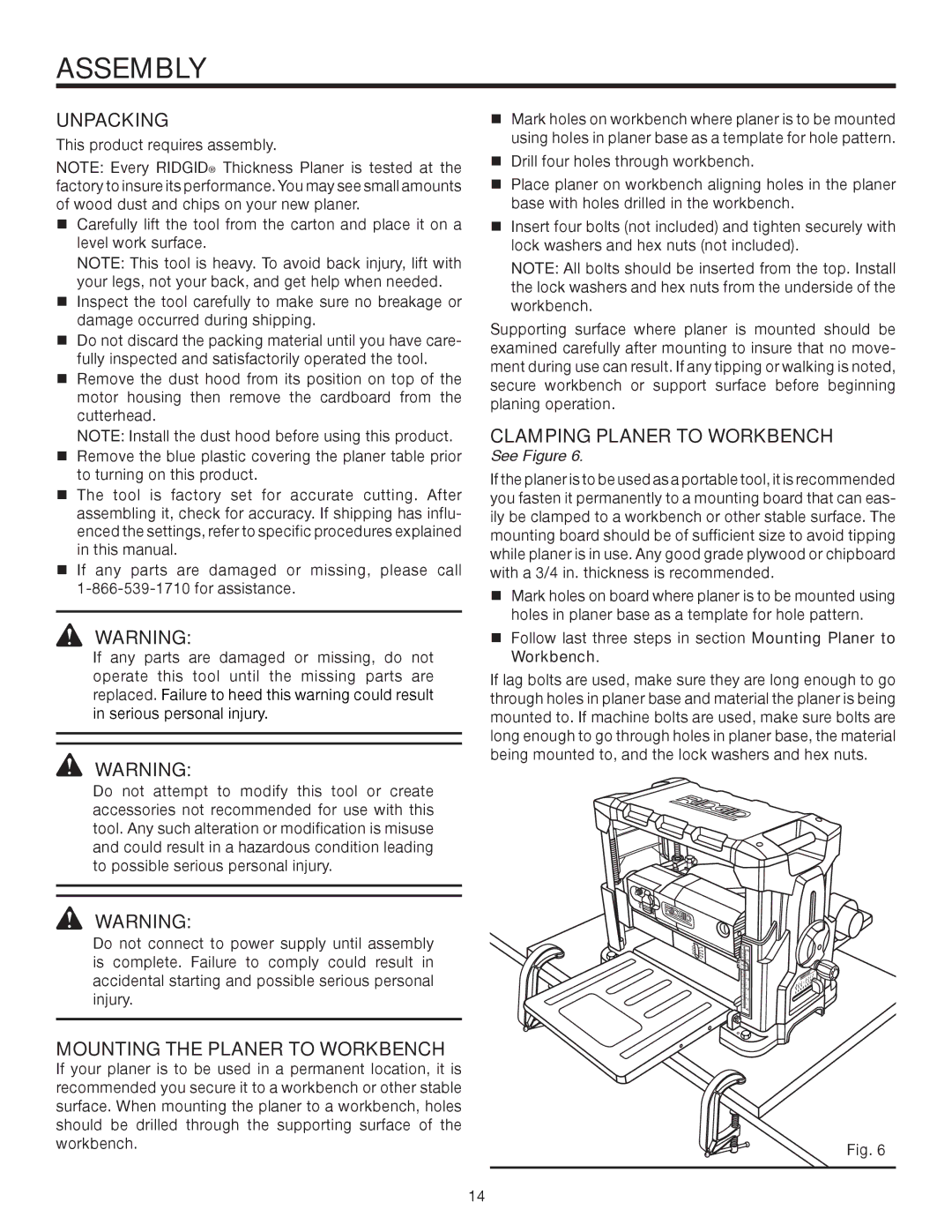 RIDGID R4330 manual Assembly, Unpacking, Mounting the Planer to workbench, Clamping Planer to Workbench 