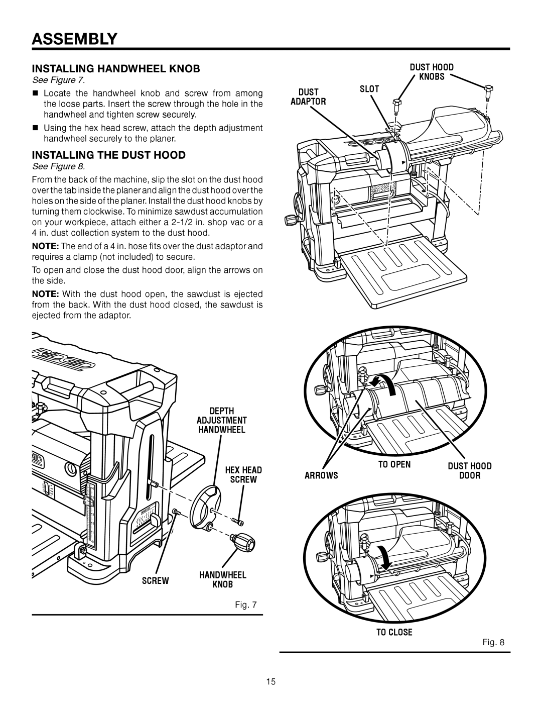 RIDGID R4330 manual Installing handwheel knob, Installing the Dust Hood 