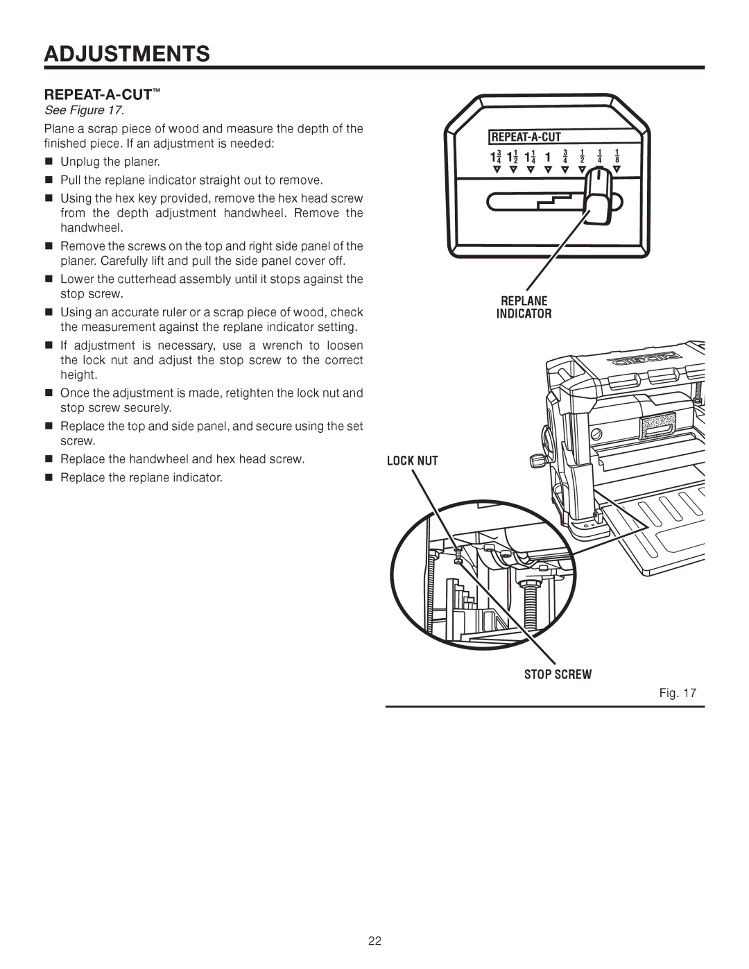 RIDGID R4330 manual Repeat-a-cut, Replace the handwheel and hex head screw, Replace the replane indicator 