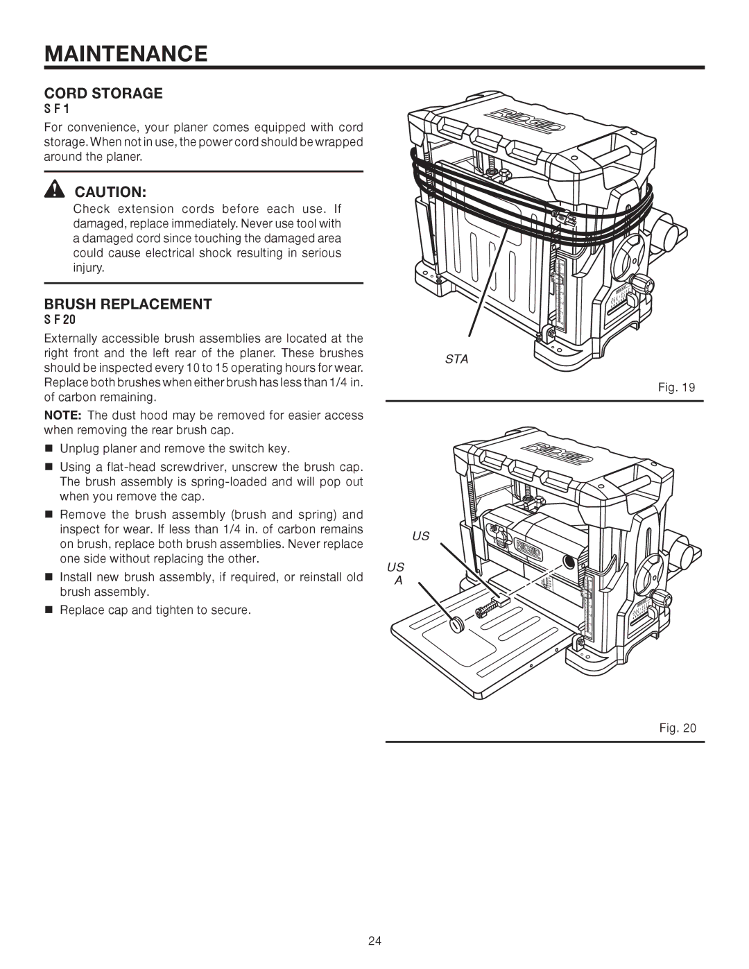 RIDGID R4330 manual Cord storage, Brush Replacement, Brush Cap 