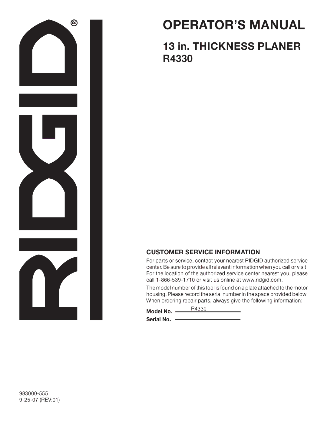 RIDGID manual Customer Service Information, Model No R4330 Serial No 