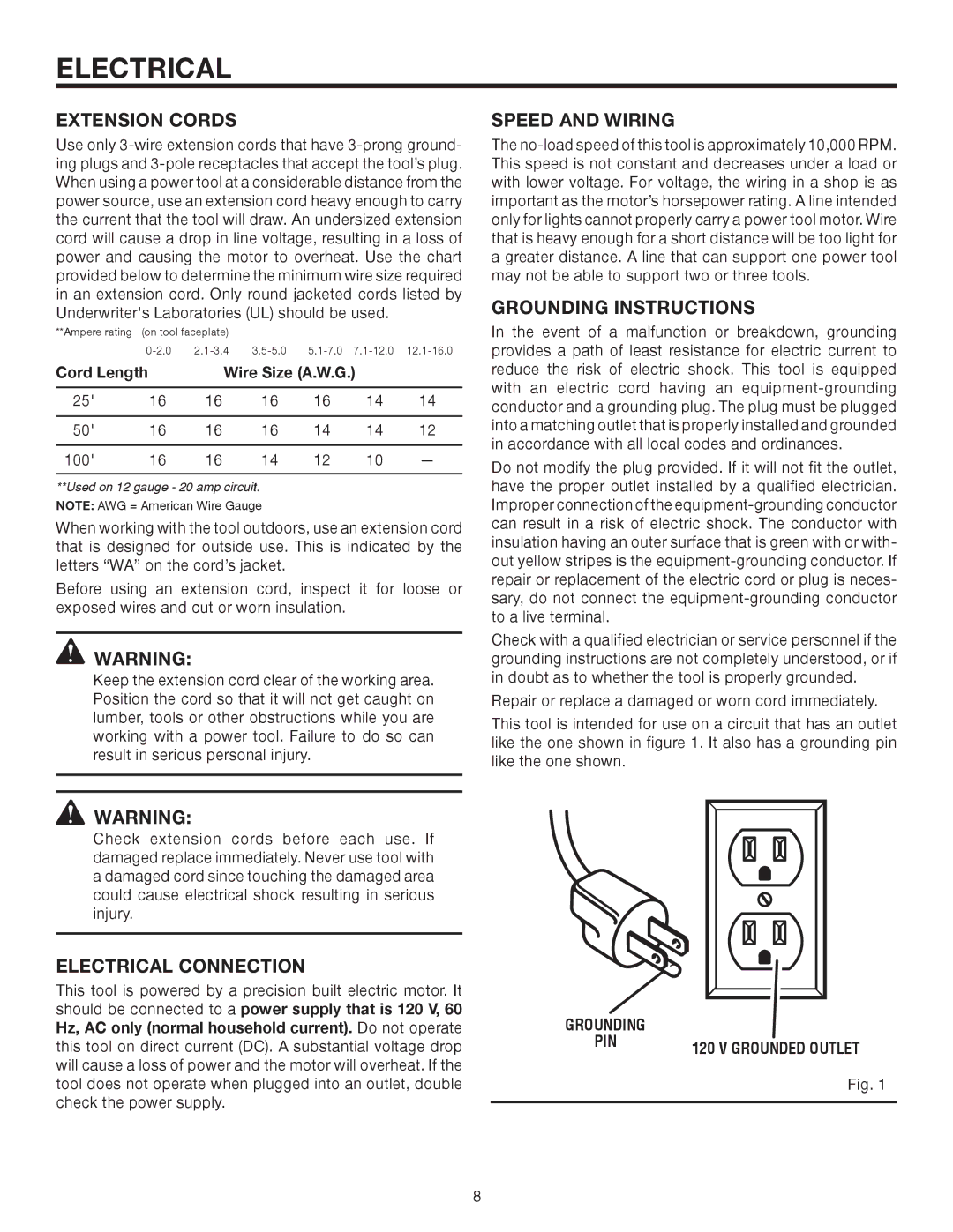 RIDGID R4330 manual Extension Cords, Speed and Wiring, Grounding Instructions, Electrical Connection 