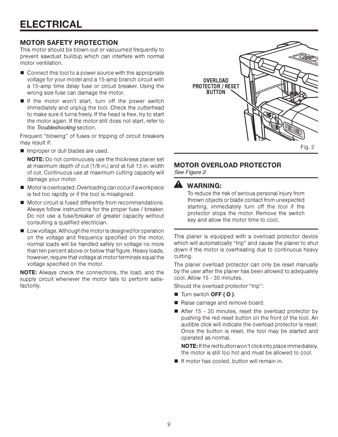 RIDGID R4330 manual Motor safety protection, Motor Overload Protector 