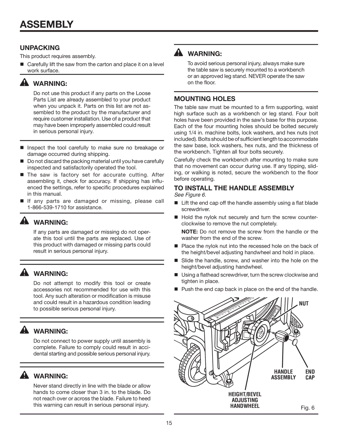 RIDGID R4516 manual Assembly, Unpacking, Mounting Holes, To install the Handle assembly 