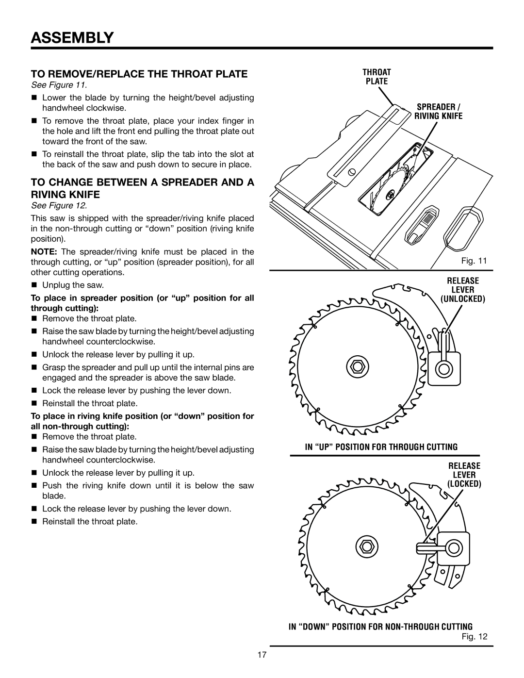 RIDGID R4516 manual To remove/replace the Throat Plate, To Change Between a spreader and a riving knife, Unlocked, Locked 