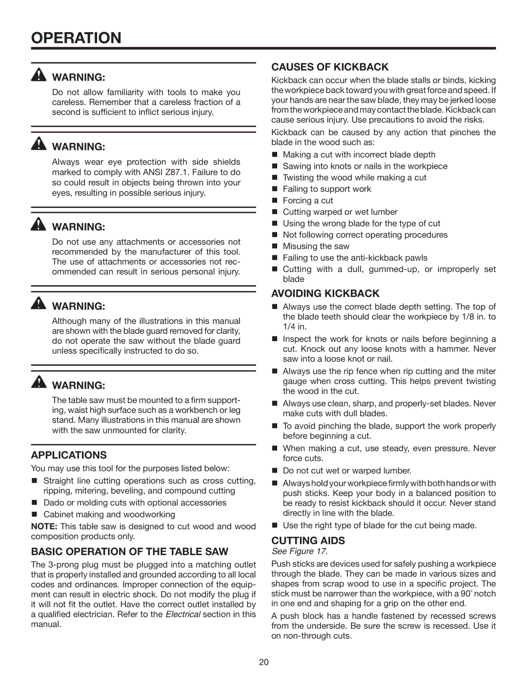 RIDGID R4516 manual Operation, Applications, Causes of Kickback, Avoiding Kickback 