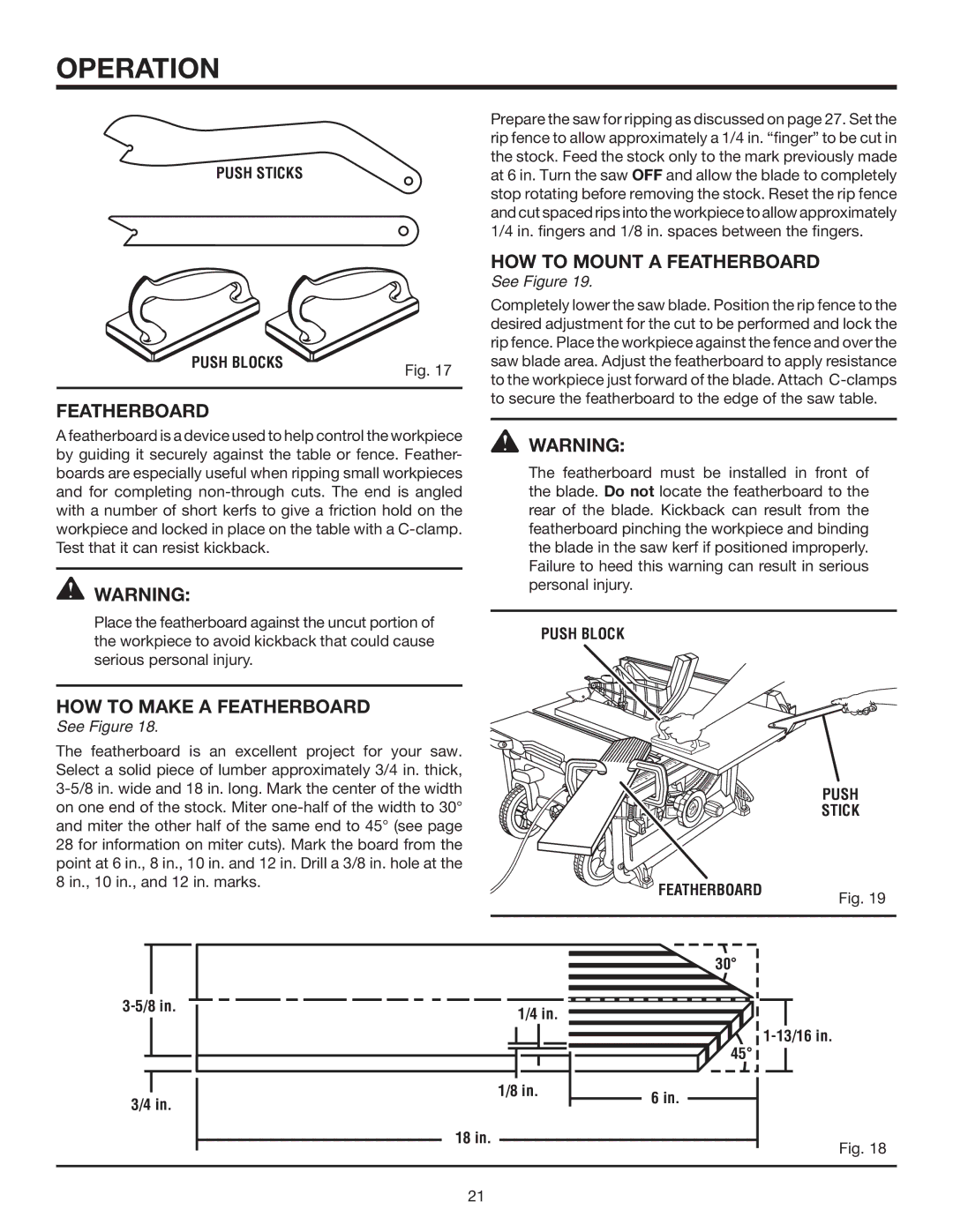 RIDGID R4516 manual HOW to Make a Featherboard, HOW to Mount a Featherboard, Push Blocks 