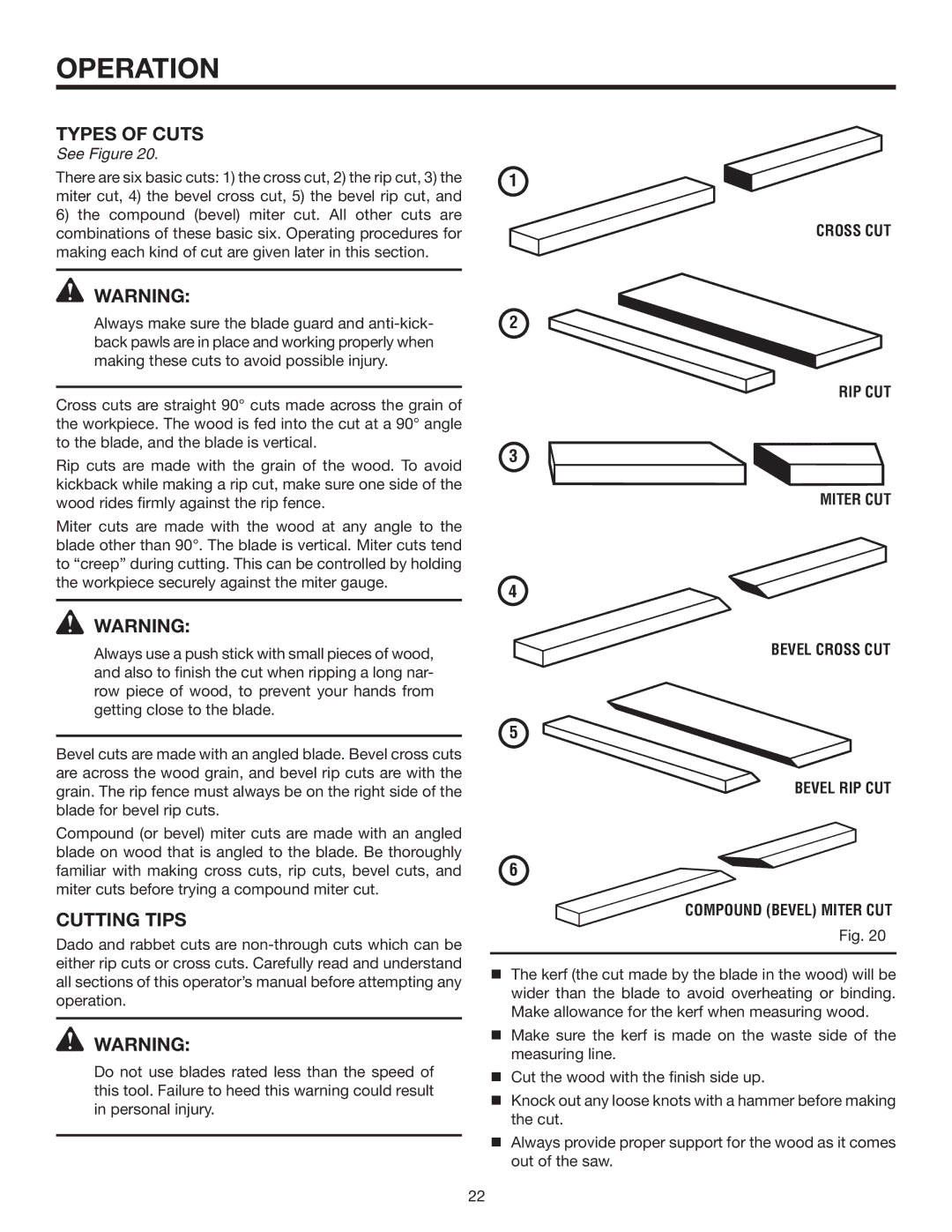 RIDGID R4516 manual Cutting Tips, Types of cuts See Figure 