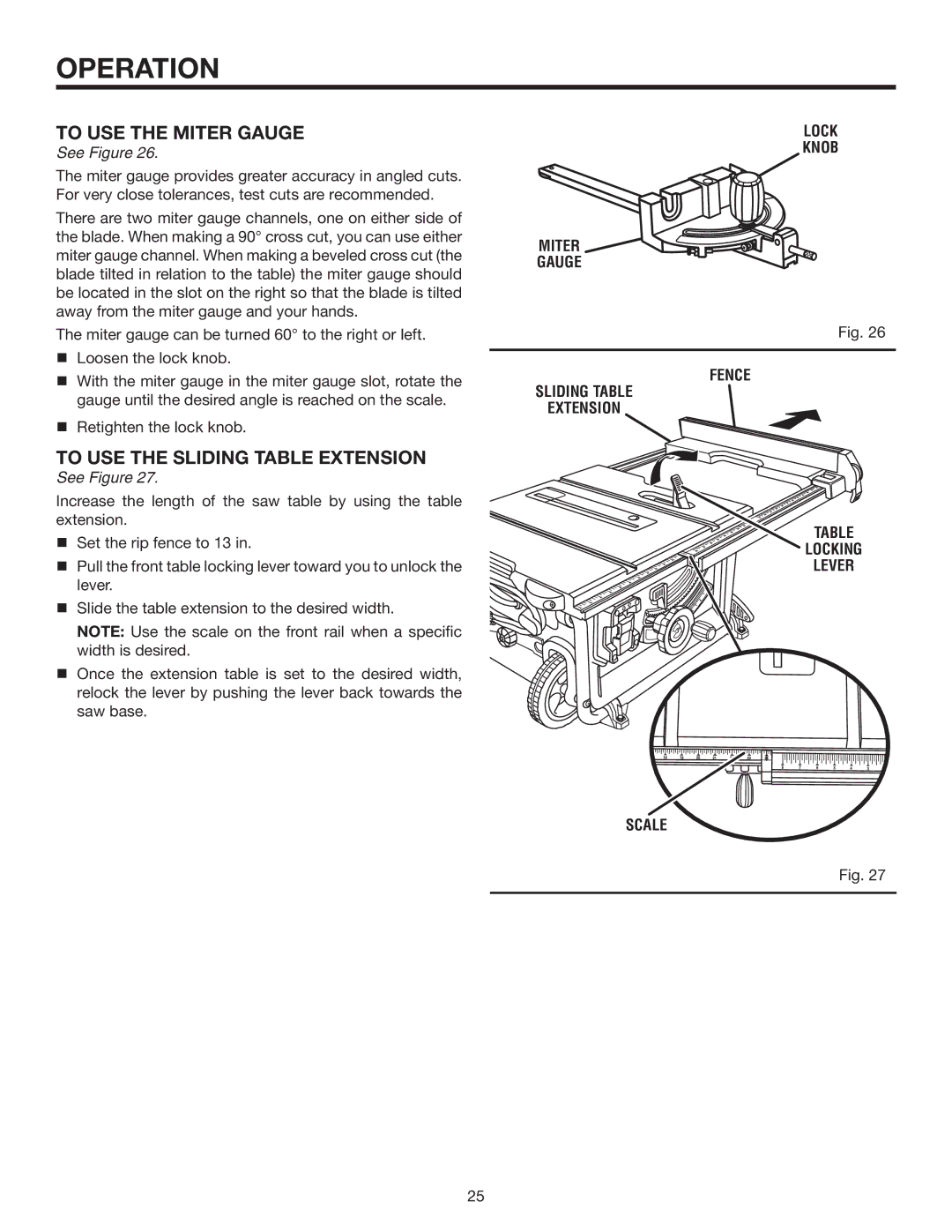 RIDGID R4516 manual To use the miter gauge, To use the sliding table extension, Lock Knob Miter Gauge 