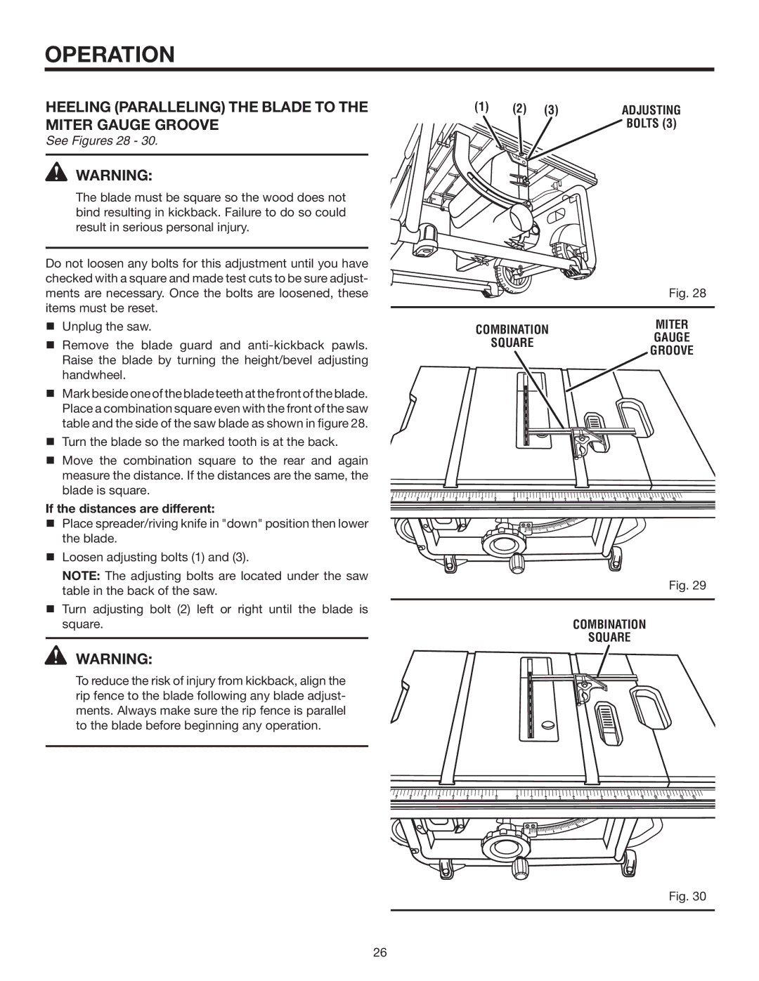 RIDGID R4516 manual Heeling paralleling the blade to the miter gauge groove, See Figures 28, If the distances are different 