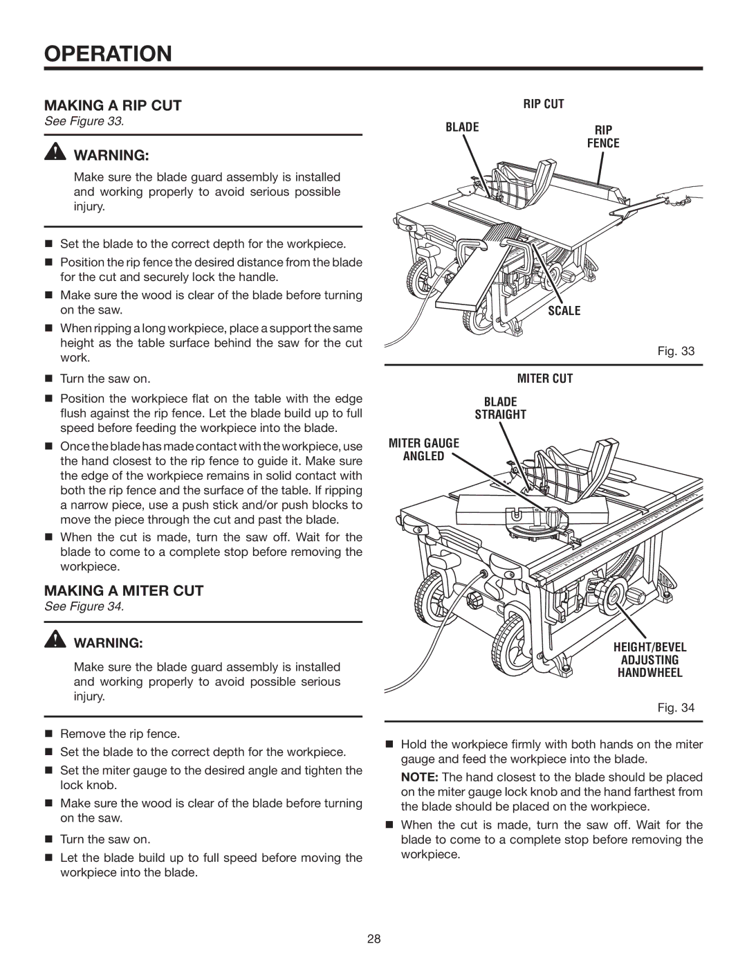 RIDGID R4516 manual Making a RIP cut, Making a miter cut 