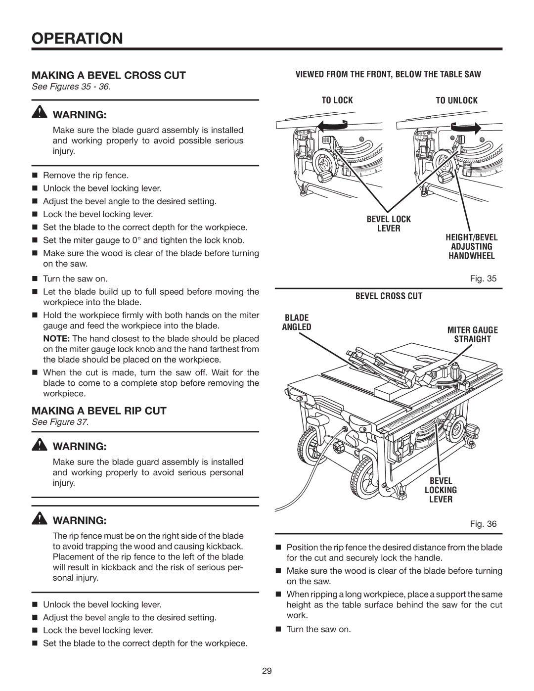 RIDGID R4516 manual Making a bevel cross cut, Making a bevel rip cut, Viewed from the FRONT, below the Table SAW 