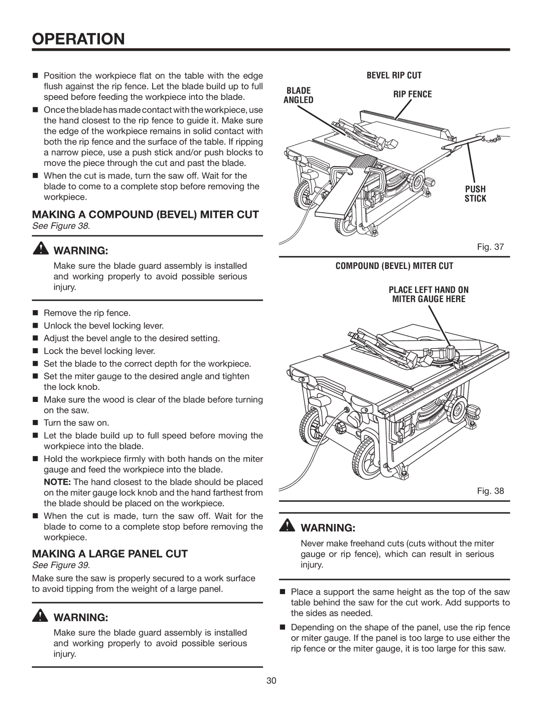 RIDGID R4516 manual Making a compound bevel miter cut, Making a Large Panel cut, Bevel RIP CUT, Compound Bevel Miter CUT 