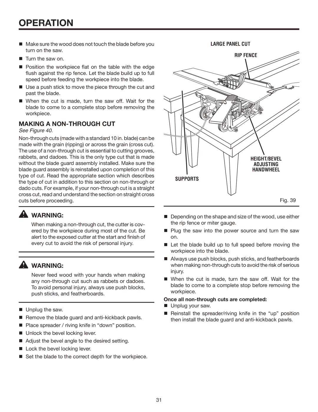 RIDGID R4516 manual Making a NON-THROUGH cut, Large Panel CUT RIP Fence, Adjusting Handwheel Supports 