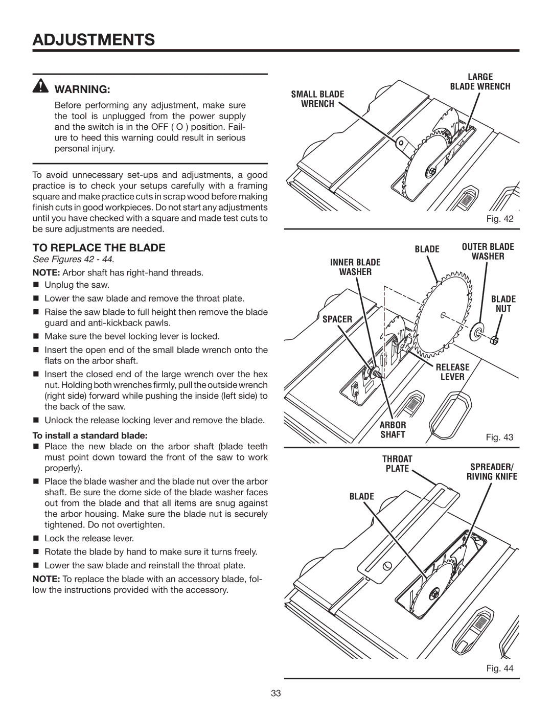 RIDGID R4516 manual To replace the blade, Wrench Large, Throat, Riving Knife Blade 