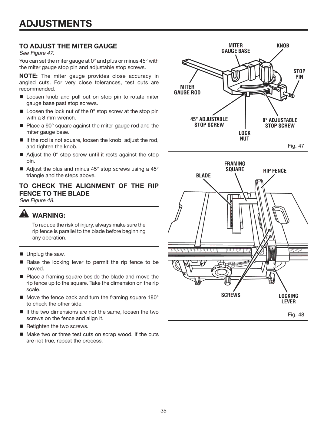 RIDGID R4516 manual To Adjust the miter gauge, To Check the Alignment of the RIP Fence to the Blade, Adjustable, Stop Screw 