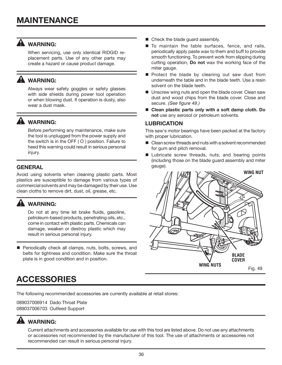 RIDGID R4516 manual Maintenance, Accessories, General, Lubrication, Wing nut Blade cover Wing nuts 