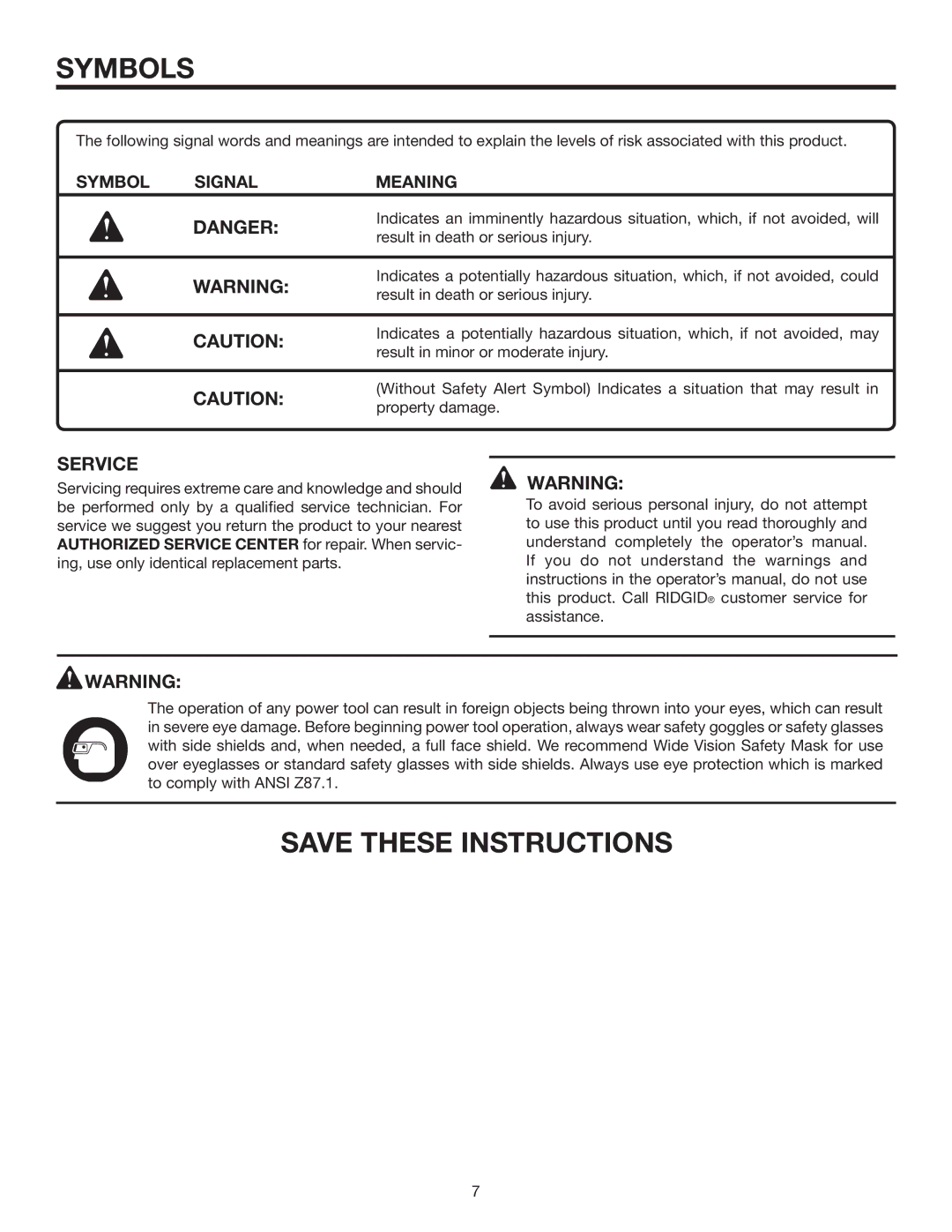 RIDGID R4516 manual Service, Symbol Signal Meaning 