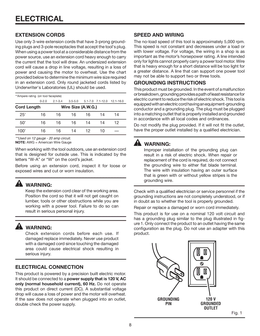 RIDGID R4516 manual Extension Cords, Electrical Connection, Speed and Wiring, Grounding Instructions 